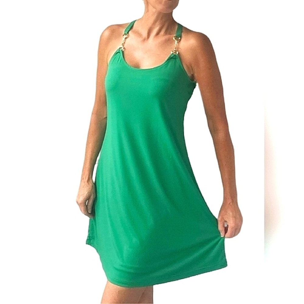 BOSTON PROPER Emerald Green Swingy Dress with Hardware Detail
